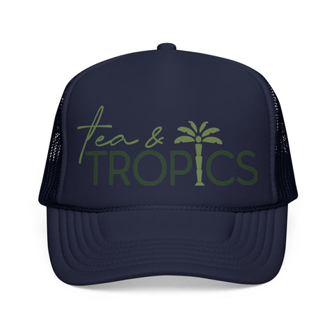 Tea & Tropics Trucker Hat — Tropical Palm Logo Cap for Beach Days & Vacations