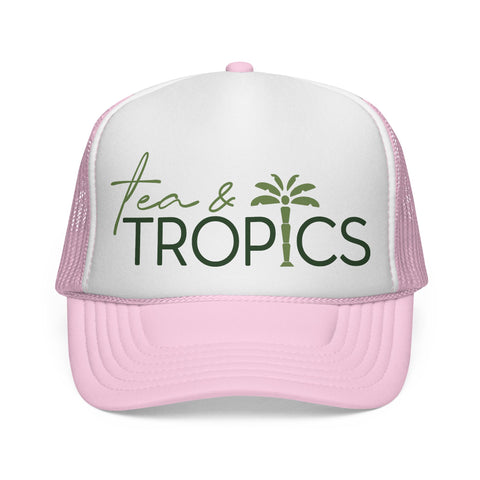 Tea & Tropics Trucker Hat — Tropical Palm Logo Cap for Beach Days & Vacations