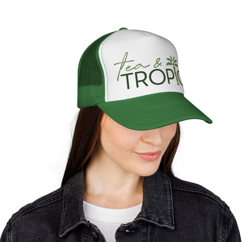Tea & Tropics Trucker Hat — Tropical Palm Logo Cap for Beach Days & Vacations