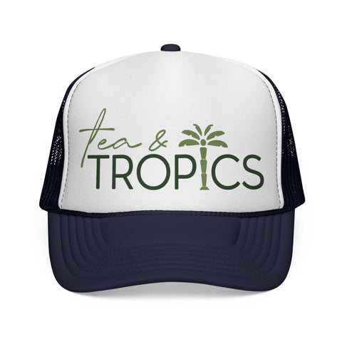 Tea & Tropics Trucker Hat — Tropical Palm Logo Cap for Beach Days & Vacations