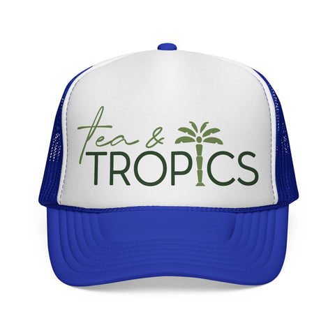 Tea & Tropics Trucker Hat — Tropical Palm Logo Cap for Beach Days & Vacations