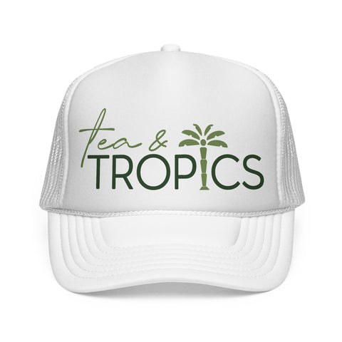 Tea & Tropics Trucker Hat — Tropical Palm Logo Cap for Beach Days & Vacations