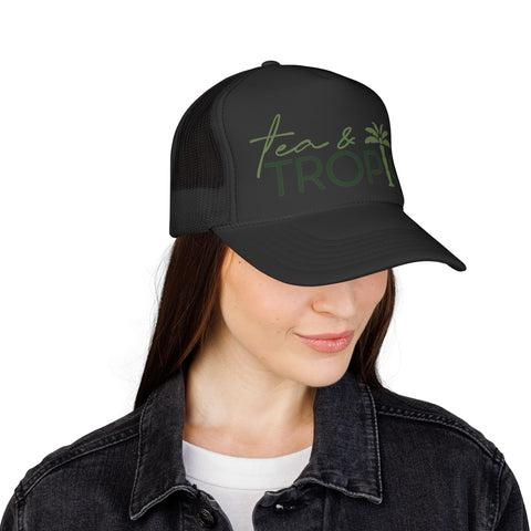 Tea & Tropics Trucker Hat — Tropical Palm Logo Cap for Beach Days & Vacations