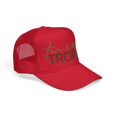 Tea & Tropics Trucker Hat — Tropical Palm Logo Cap for Beach Days & Vacations