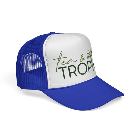 Tea & Tropics Trucker Hat — Tropical Palm Logo Cap for Beach Days & Vacations