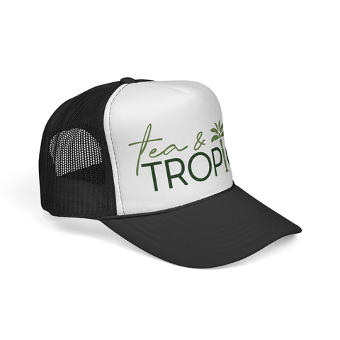 Tea & Tropics Trucker Hat — Tropical Palm Logo Cap for Beach Days & Vacations