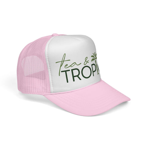 Tea & Tropics Trucker Hat — Tropical Palm Logo Cap for Beach Days & Vacations