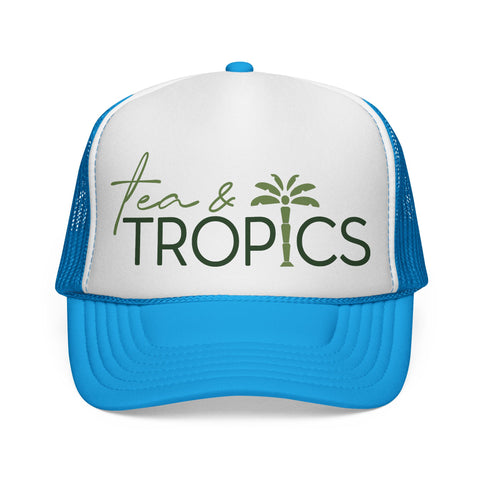 Tea & Tropics Trucker Hat — Tropical Palm Logo Cap for Beach Days & Vacations