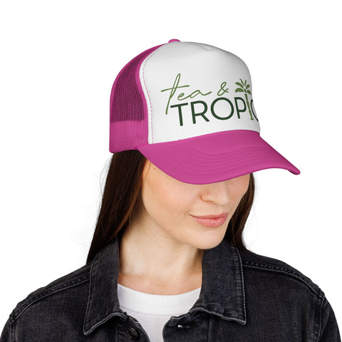 Tea & Tropics Trucker Hat — Tropical Palm Logo Cap for Beach Days & Vacations