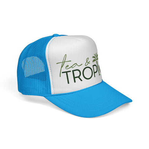 Tea & Tropics Trucker Hat — Tropical Palm Logo Cap for Beach Days & Vacations