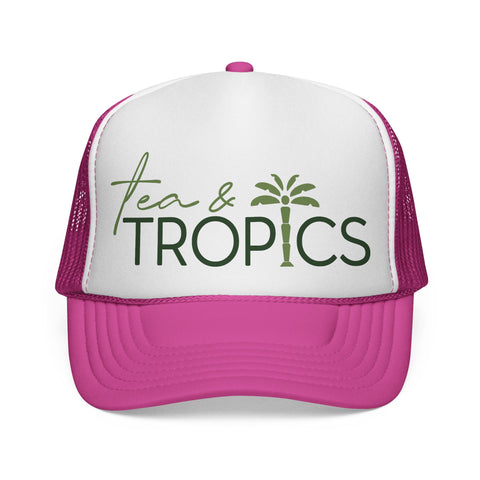 Tea & Tropics Trucker Hat — Tropical Palm Logo Cap for Beach Days & Vacations