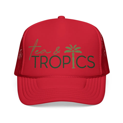 Tea & Tropics Trucker Hat — Tropical Palm Logo Cap for Beach Days & Vacations