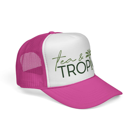 Tea & Tropics Trucker Hat — Tropical Palm Logo Cap for Beach Days & Vacations