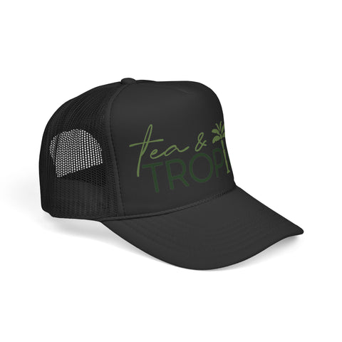Tea & Tropics Trucker Hat — Tropical Palm Logo Cap for Beach Days & Vacations