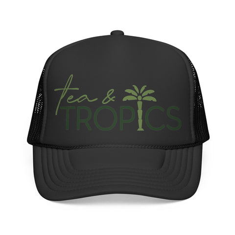 Tea & Tropics Trucker Hat — Tropical Palm Logo Cap for Beach Days & Vacations
