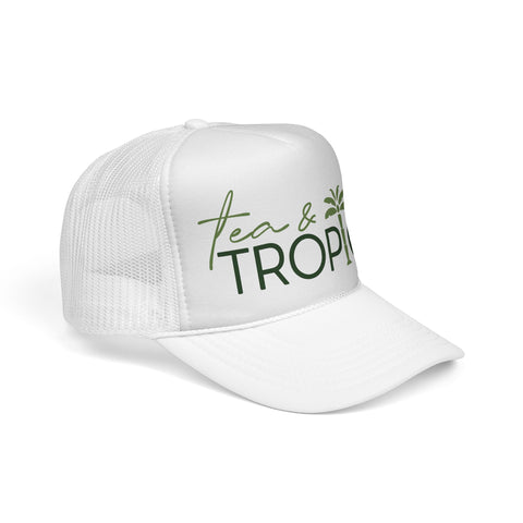Tea & Tropics Trucker Hat — Tropical Palm Logo Cap for Beach Days & Vacations