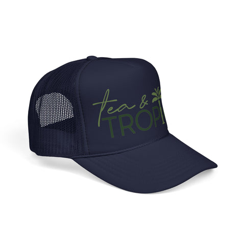 Tea & Tropics Trucker Hat — Tropical Palm Logo Cap for Beach Days & Vacations