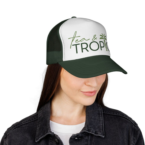 Tea & Tropics Trucker Hat — Tropical Palm Logo Cap for Beach Days & Vacations