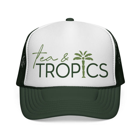 Tea & Tropics Trucker Hat — Tropical Palm Logo Cap for Beach Days & Vacations
