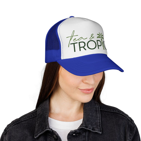 Tea & Tropics Trucker Hat — Tropical Palm Logo Cap for Beach Days & Vacations