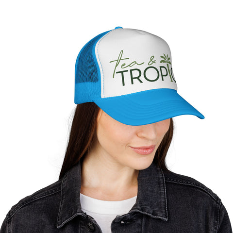 Tea & Tropics Trucker Hat — Tropical Palm Logo Cap for Beach Days & Vacations