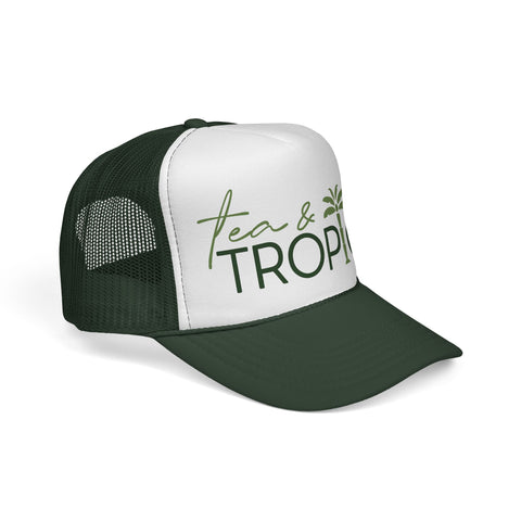 Tea & Tropics Trucker Hat — Tropical Palm Logo Cap for Beach Days & Vacations