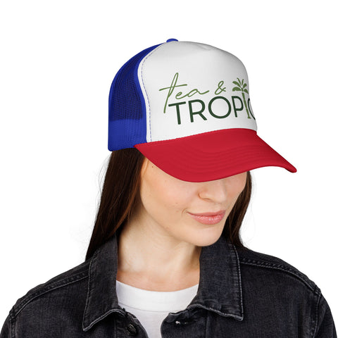 Tea & Tropics Trucker Hat — Tropical Palm Logo Cap for Beach Days & Vacations