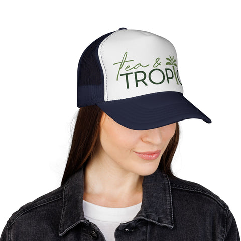 Tea & Tropics Trucker Hat — Tropical Palm Logo Cap for Beach Days & Vacations