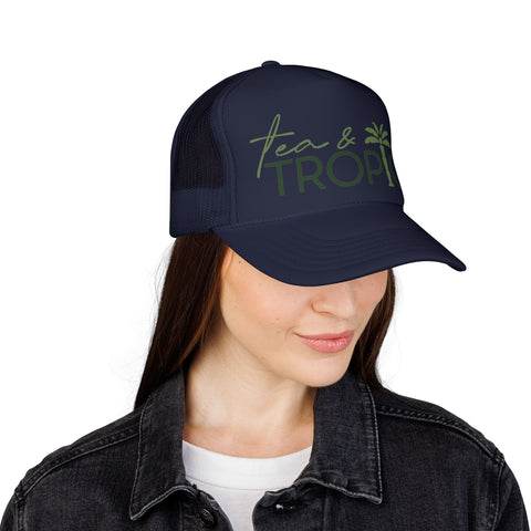 Tea & Tropics Trucker Hat — Tropical Palm Logo Cap for Beach Days & Vacations