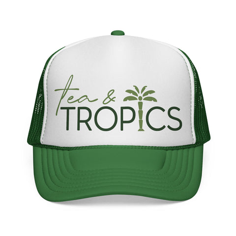 Tea & Tropics Trucker Hat — Tropical Palm Logo Cap for Beach Days & Vacations
