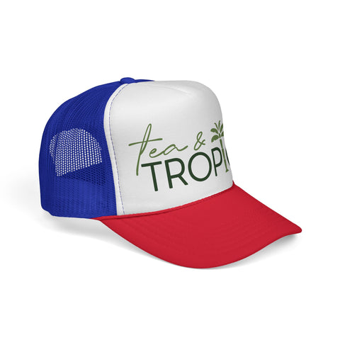 Tea & Tropics Trucker Hat — Tropical Palm Logo Cap for Beach Days & Vacations